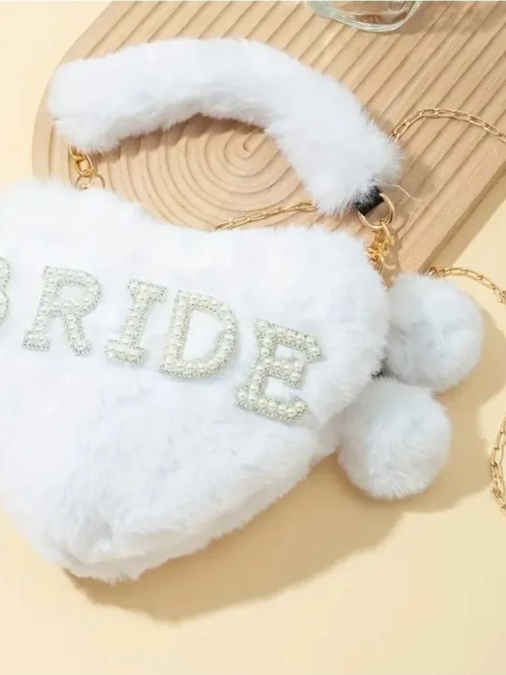 White Faux Fur 'Bride' Heart Crossbody Bag with Pom Poms